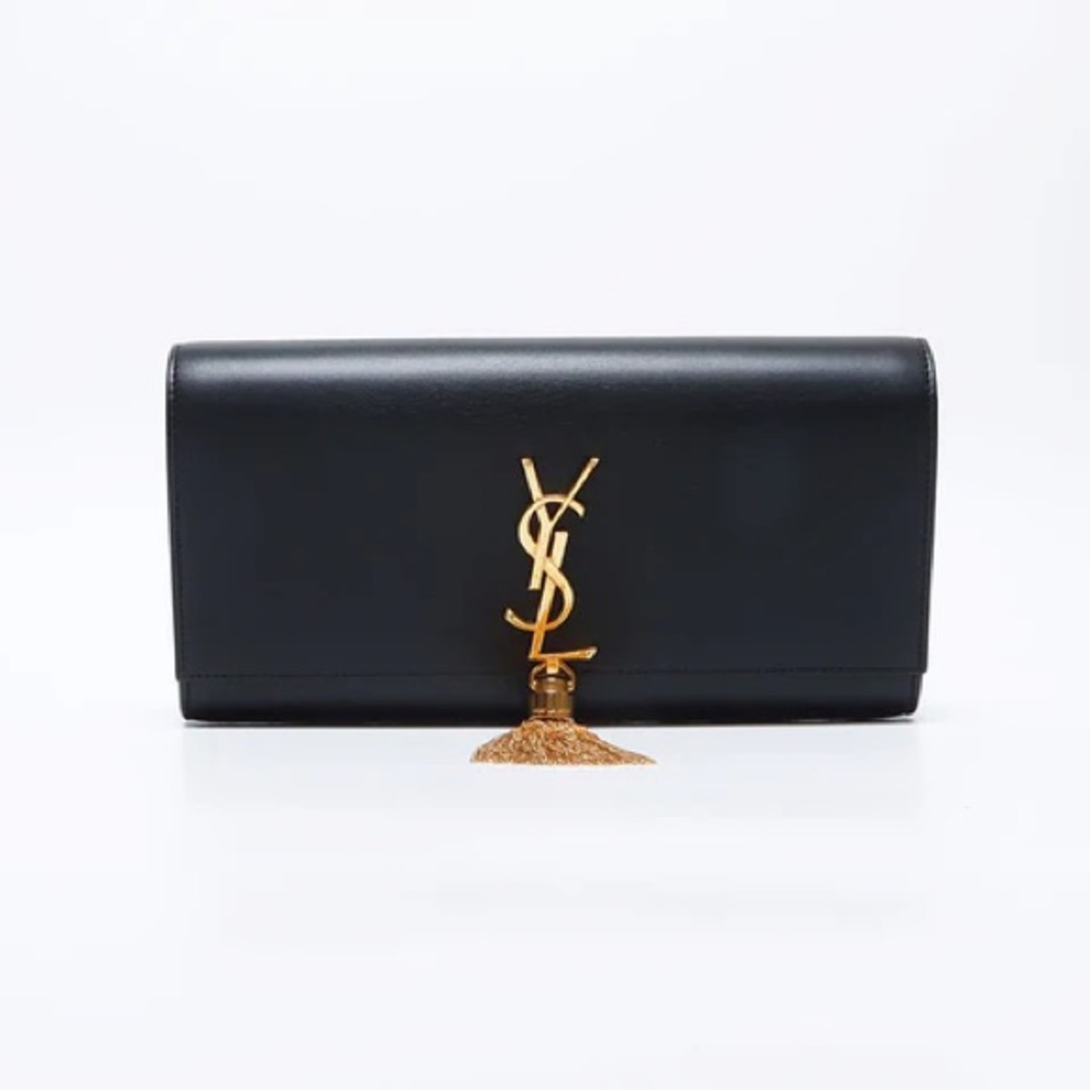 Saint Laurent Kate Monogrammed Leather Clutch Bag With Gold Tassle